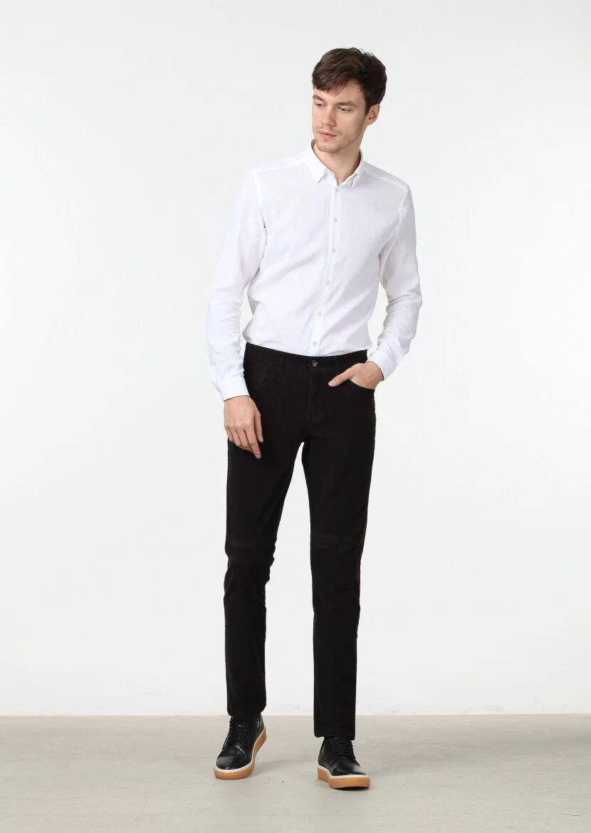 Siyah Düz Dokuma Slim Fit Kadife Casual Pamuk Karışımlı Pantolon 