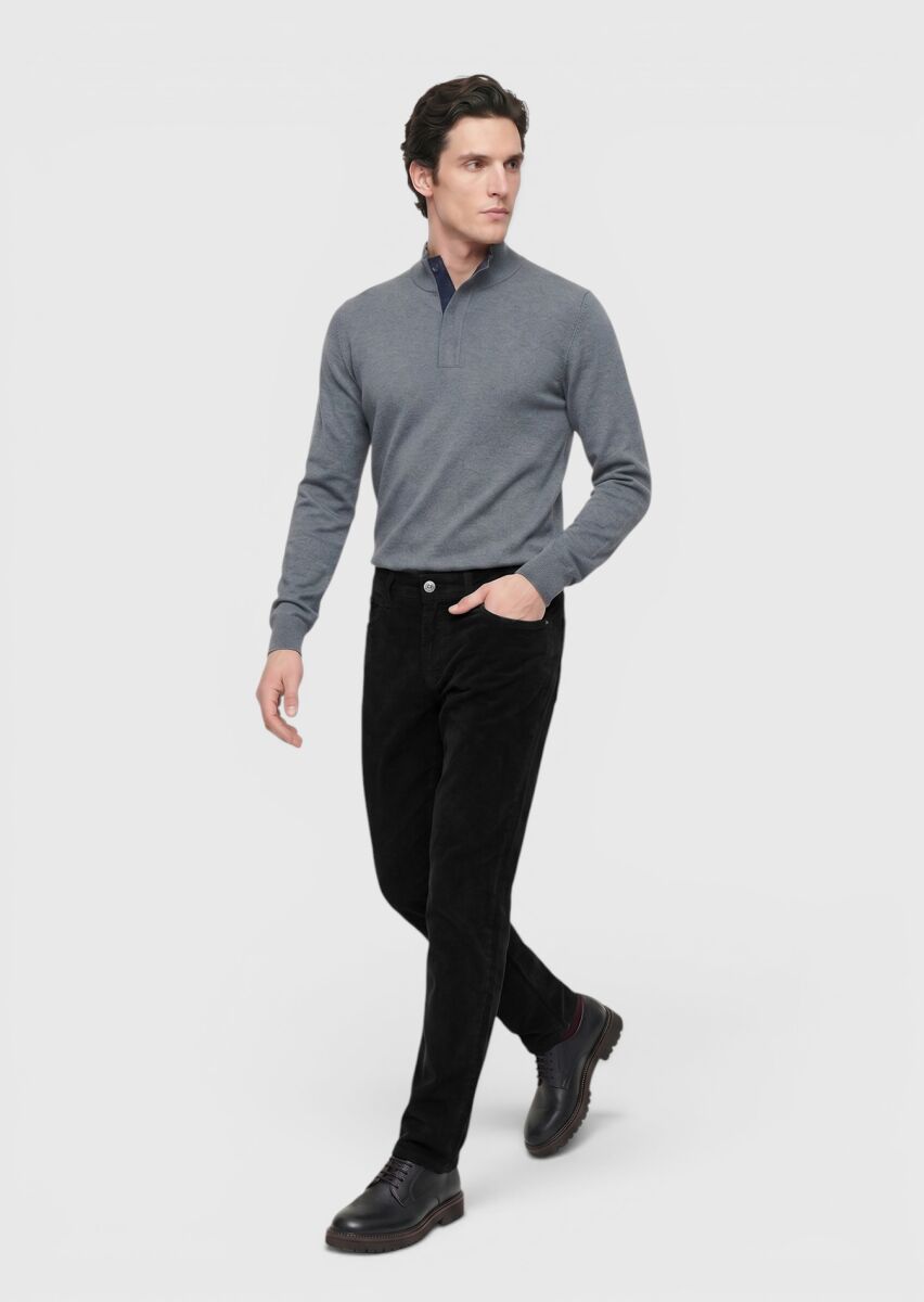 Siyah Düz Dokuma Slim Fit Kadife Casual Pamuk Karışımlı Pantolon - 2