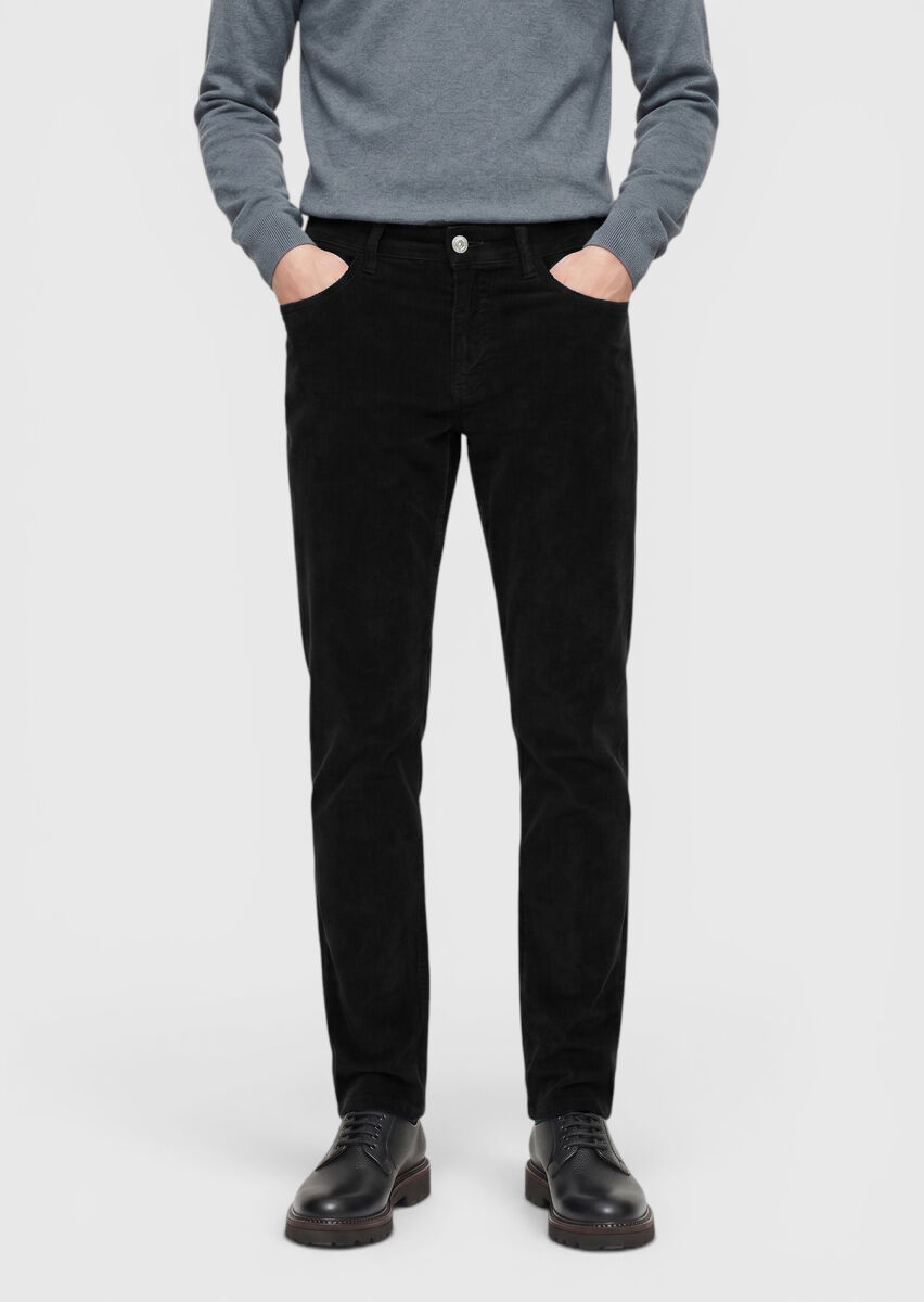 Siyah Düz Dokuma Slim Fit Kadife Casual Pamuk Karışımlı Pantolon - 3