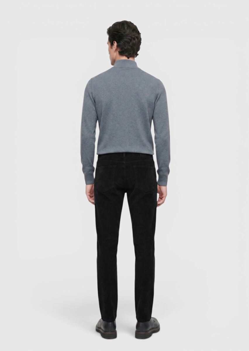 Siyah Düz Dokuma Slim Fit Kadife Casual Pamuk Karışımlı Pantolon - 5