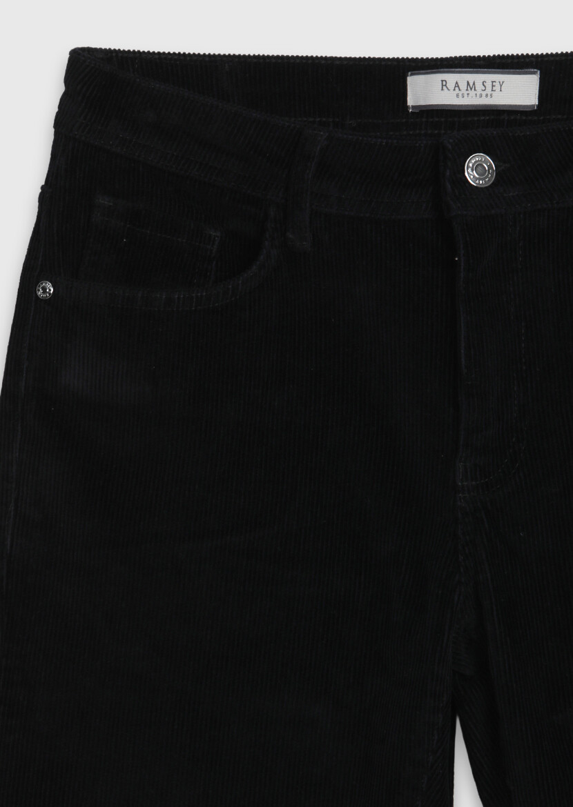 Siyah Düz Dokuma Slim Fit Kadife Casual Pamuk Karışımlı Pantolon - 7