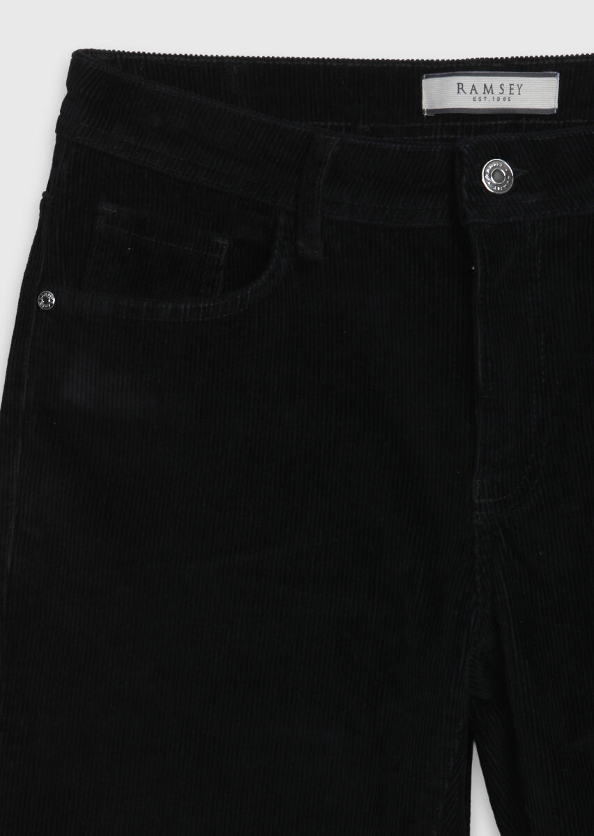 Siyah Düz Dokuma Slim Fit Kadife Casual Pamuk Karışımlı Pantolon - 7
