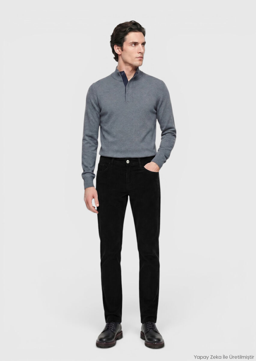 RAMSEY Siyah Düz Dokuma Slim Fit Kadife Casual Pamuk Karışımlı Pantolon