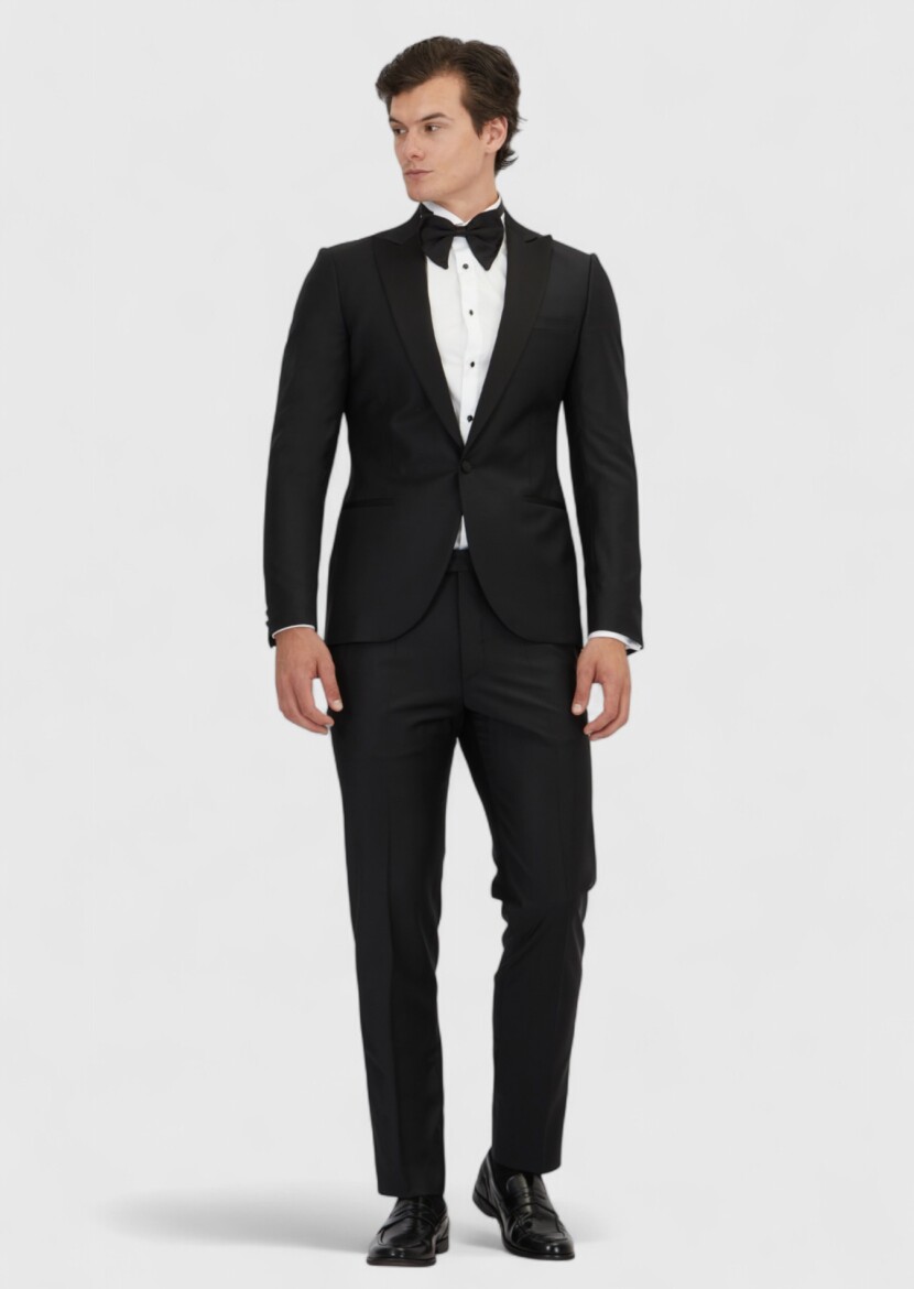 Siyah Düz Slim Fit Kruvaze Yaka Dokuma Smokin Takım Elbise - RAMSEY