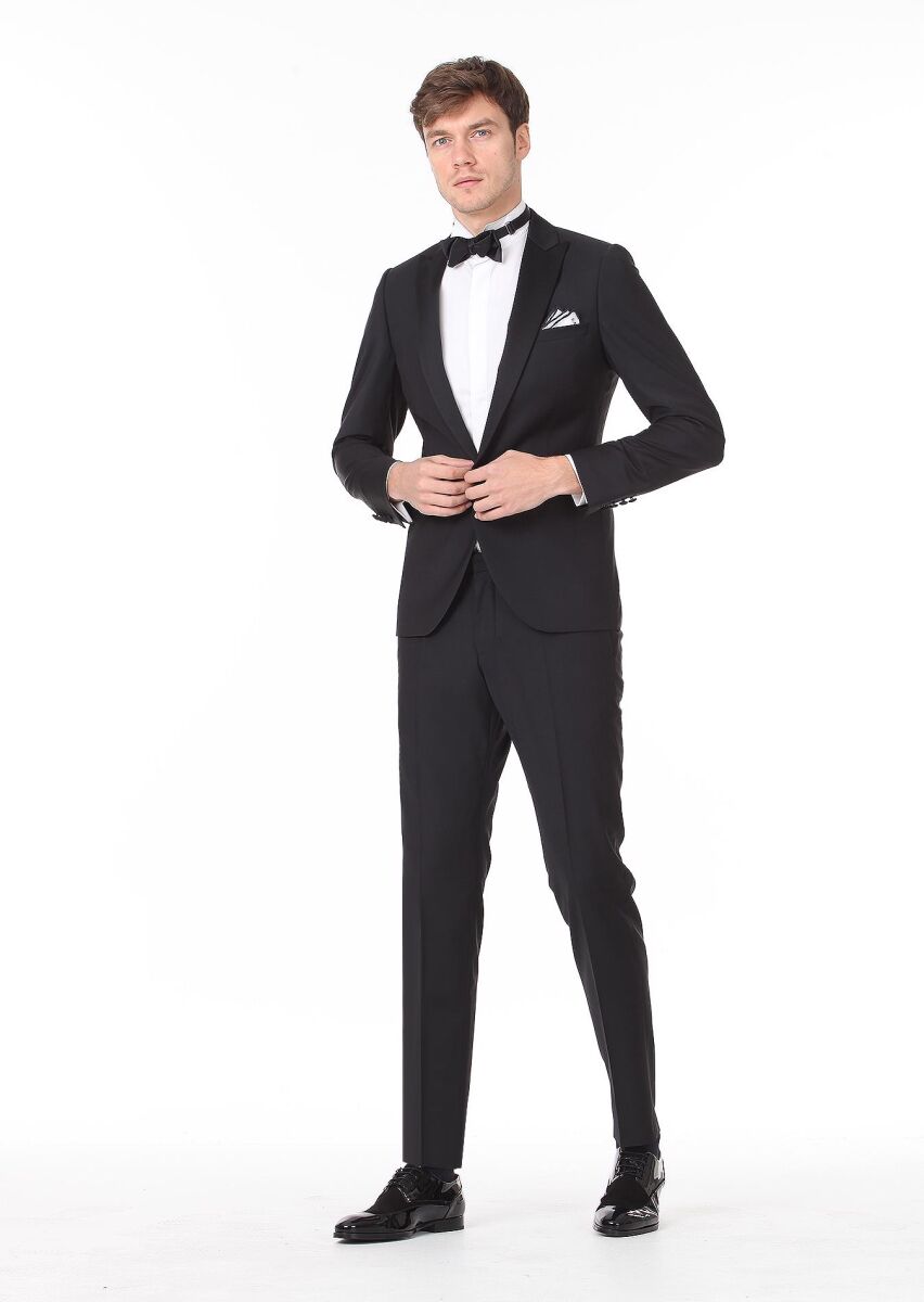Siyah Düz Fashion Slim Fit Kruvaze Yaka Dokuma Smokin Takım Elbise - 1