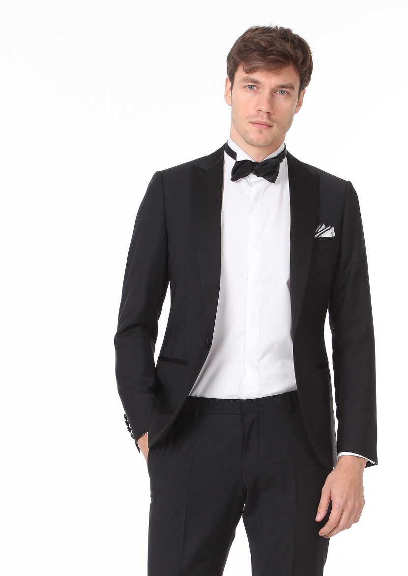 Siyah Düz Fashion Slim Fit Kruvaze Yaka Dokuma Smokin Takım Elbise - 2