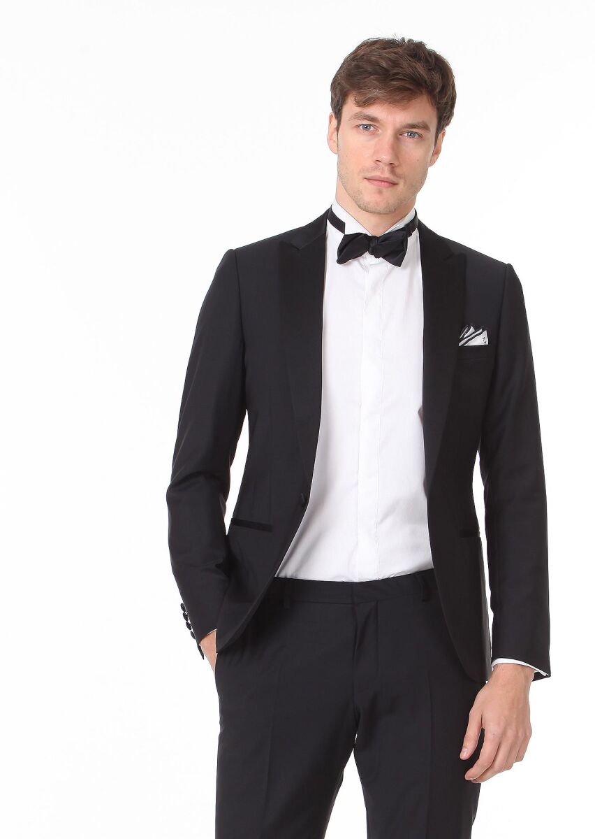 Siyah Düz Fashion Slim Fit Kruvaze Yaka Dokuma Smokin Takım Elbise - 2