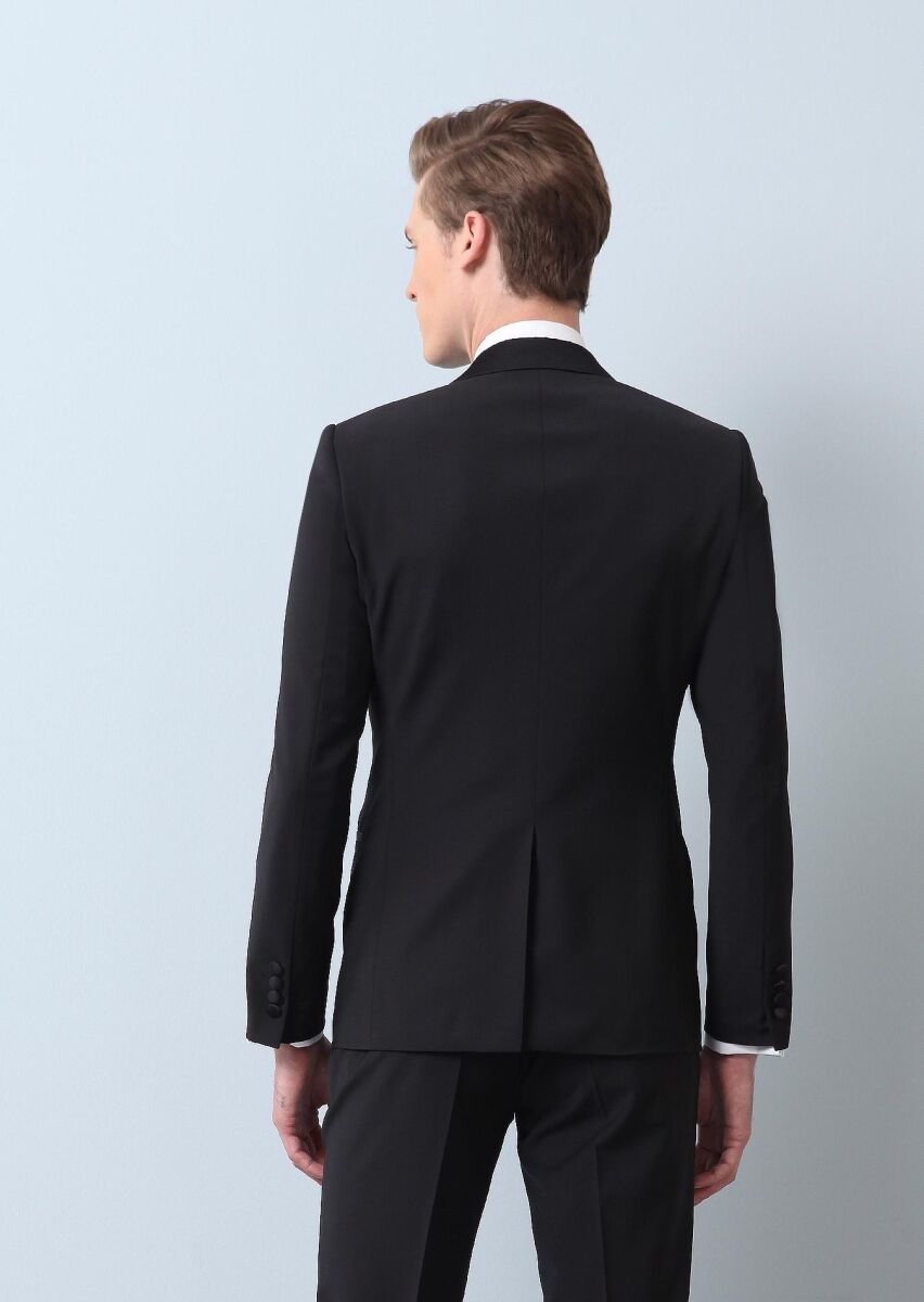 Siyah Düz Fashion Slim Fit Kruvaze Yaka Dokuma Smokin Takım Elbise - 5