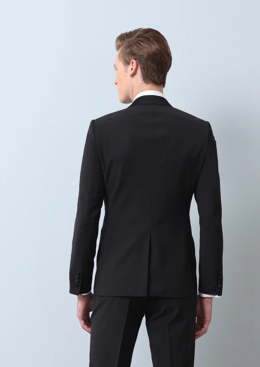 Siyah Düz Fashion Slim Fit Kruvaze Yaka Dokuma Smokin Takım Elbise - 5