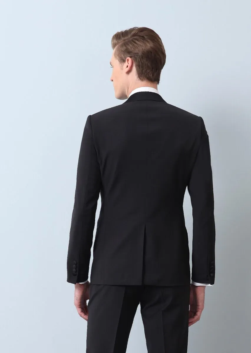 Siyah Düz Fashion Slim Fit Kruvaze Yaka Dokuma Smokin Takım Elbise - 5