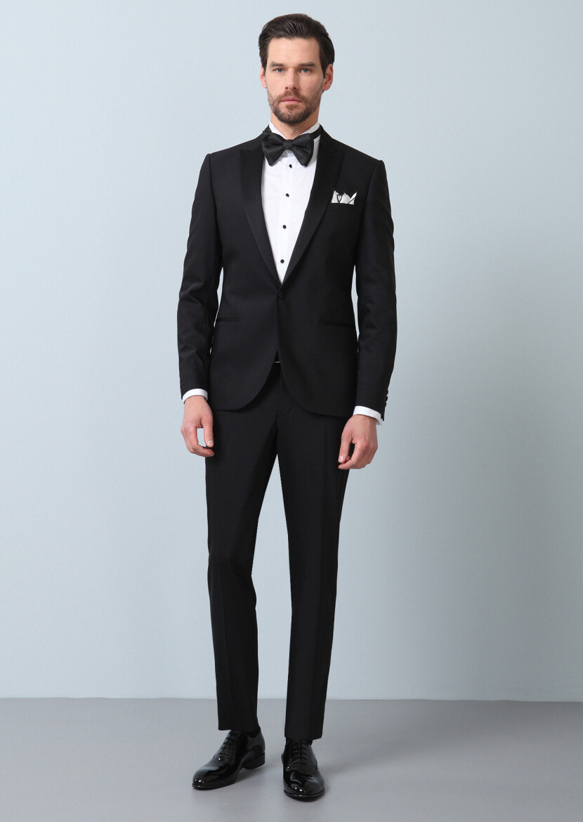 Siyah Düz Fashion Slim Fit Kruvaze Yaka Dokuma Smokin Takım Elbise - 3