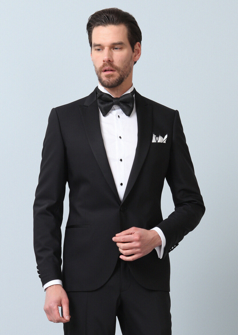 Siyah Düz Fashion Slim Fit Kruvaze Yaka Dokuma Smokin Takım Elbise - 4