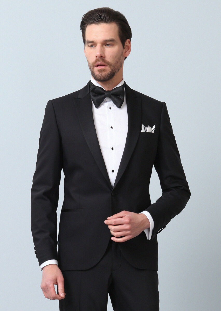 Siyah Düz Fashion Slim Fit Kruvaze Yaka Dokuma Smokin Takım Elbise - 4