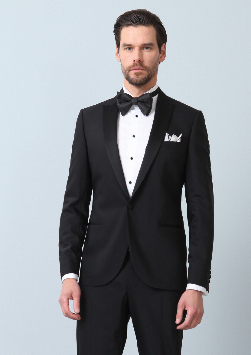 Siyah Düz Fashion Slim Fit Kruvaze Yaka Dokuma Smokin Takım Elbise - 5