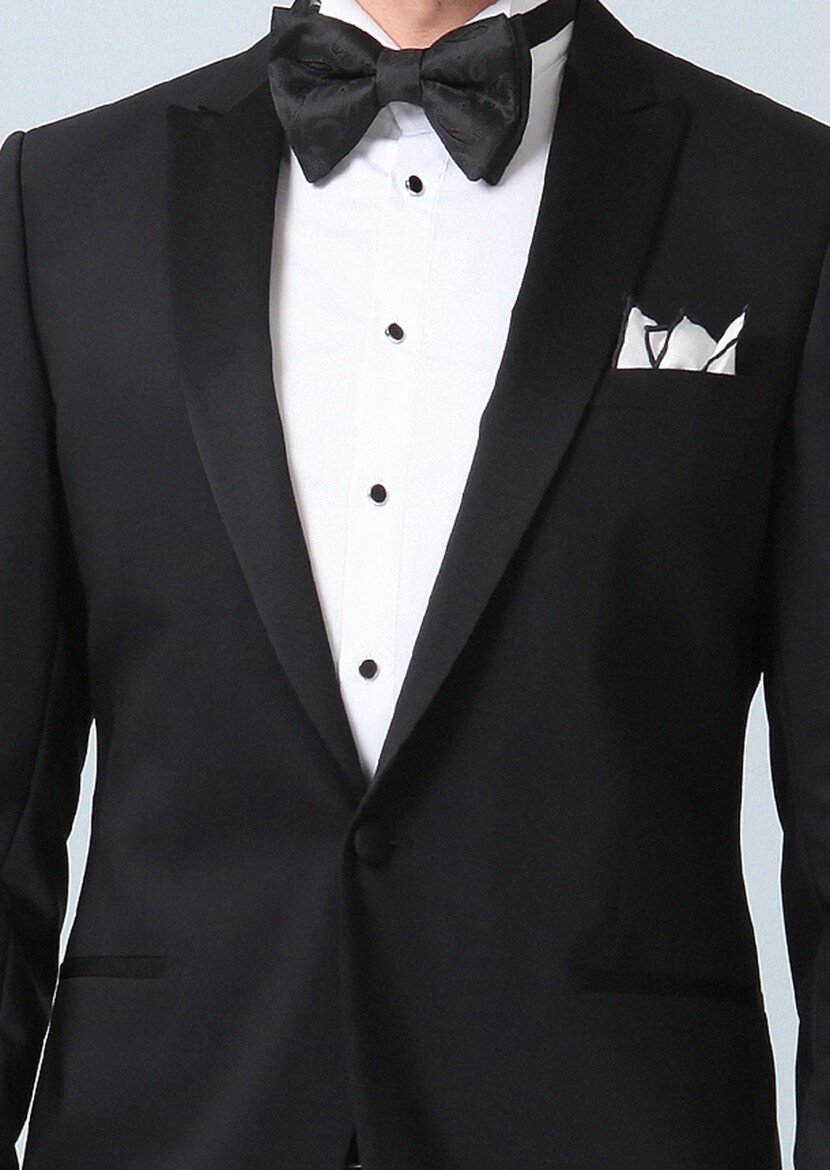 Siyah Düz Fashion Slim Fit Kruvaze Yaka Dokuma Smokin Takım Elbise - 2
