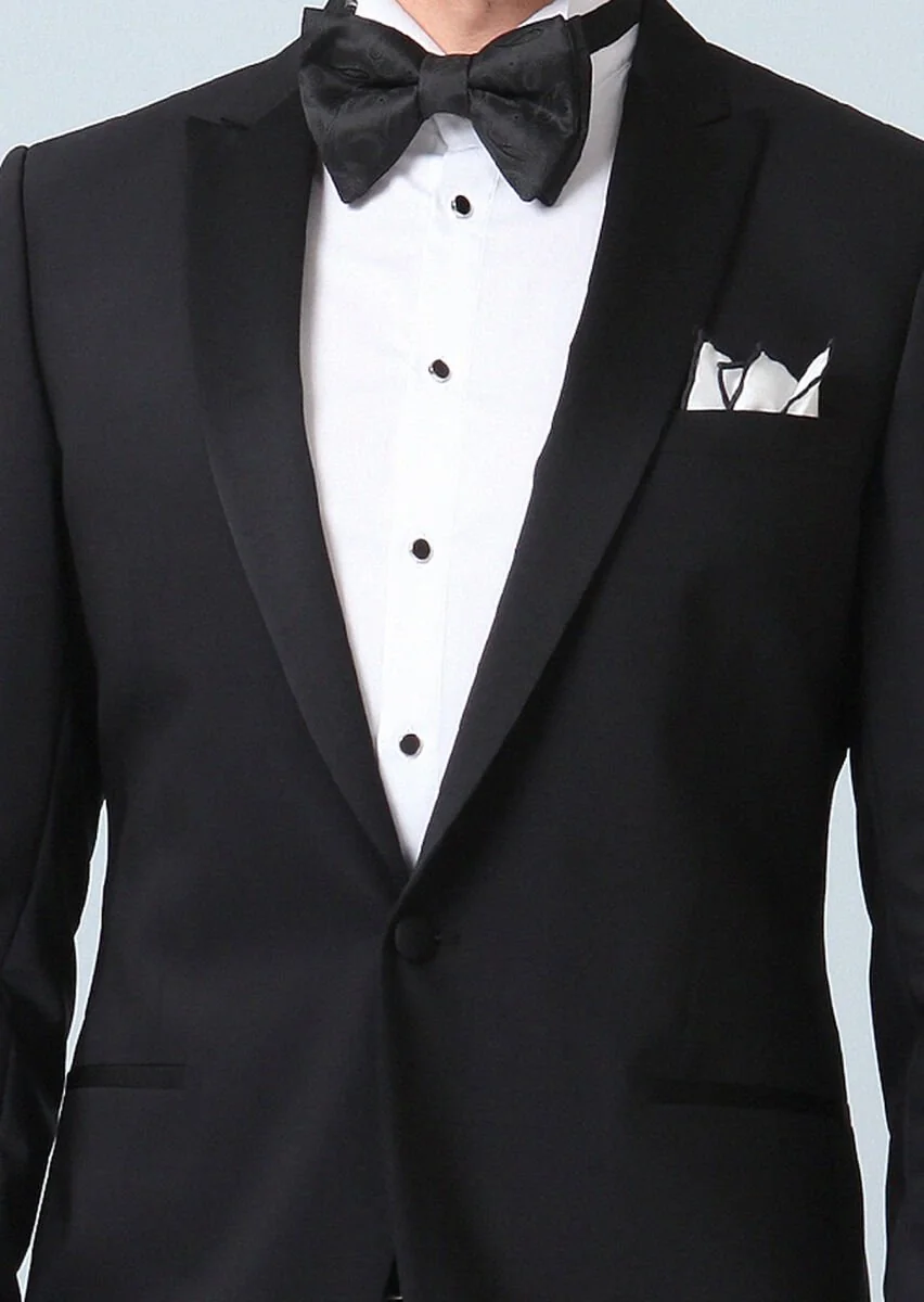 Siyah Düz Fashion Slim Fit Kruvaze Yaka Dokuma Smokin Takım Elbise - 2