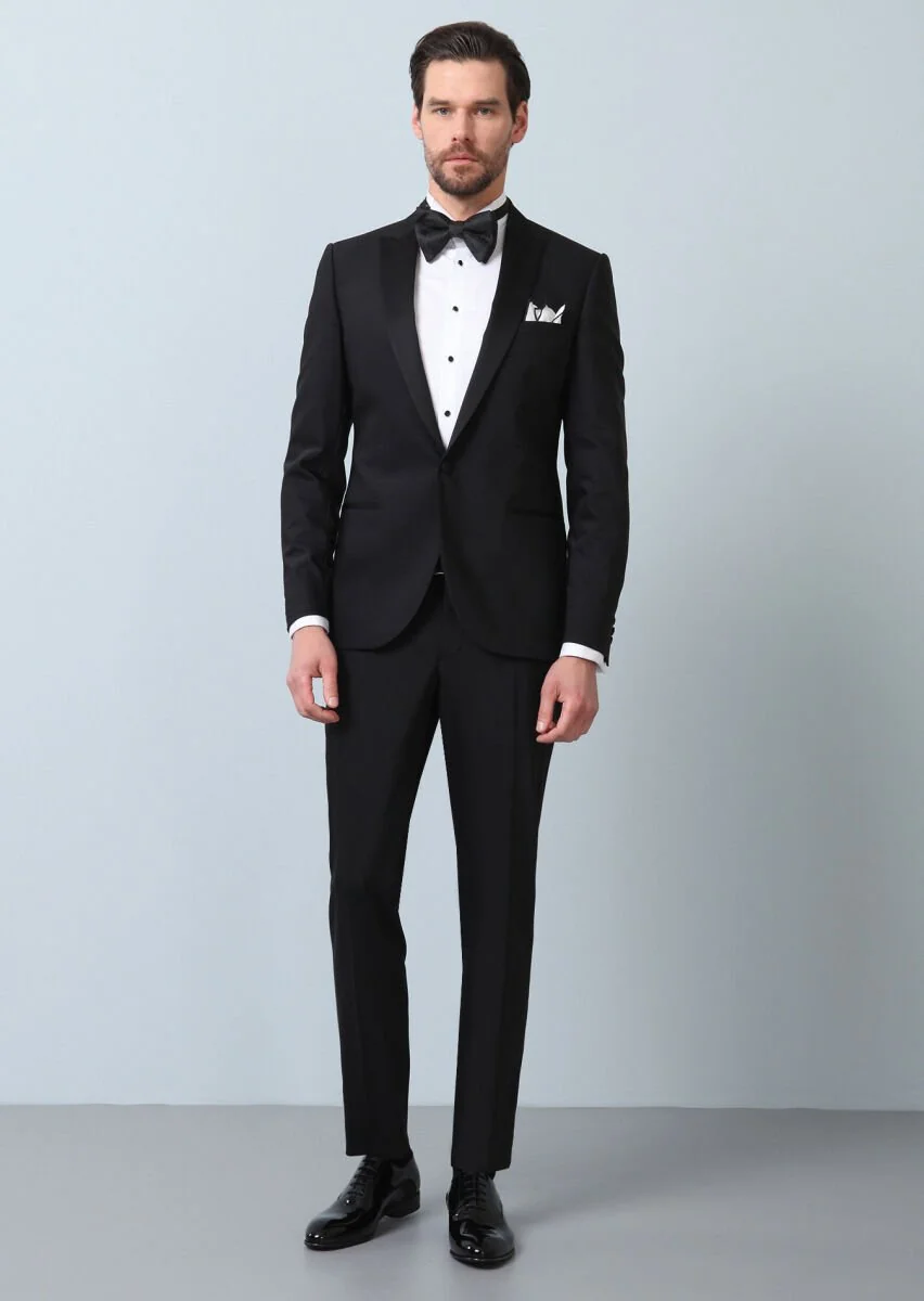 Siyah Düz Fashion Slim Fit Kruvaze Yaka Dokuma Smokin Takım Elbise - 3