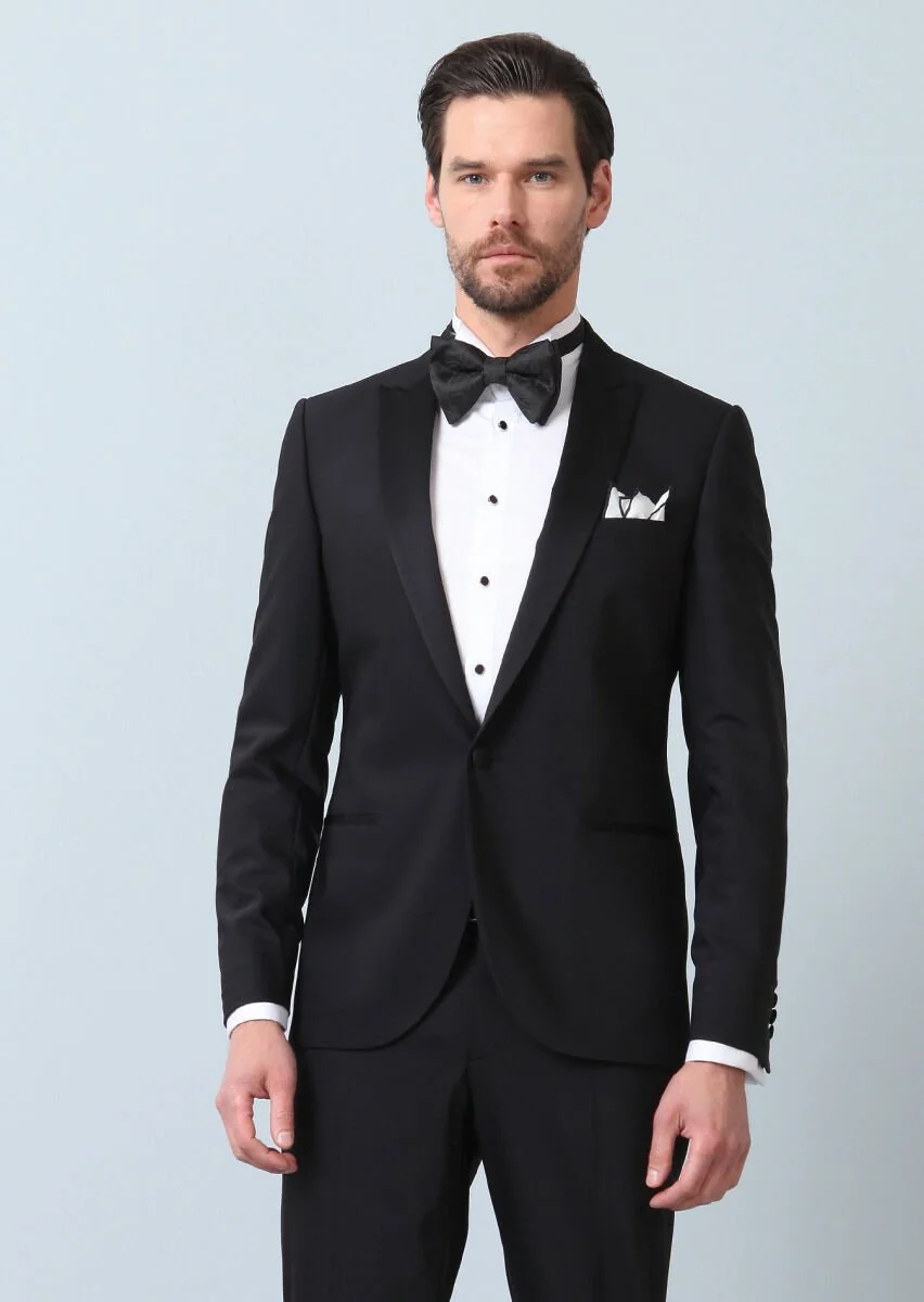 Siyah Düz Fashion Slim Fit Kruvaze Yaka Dokuma Smokin Takım Elbise - 5