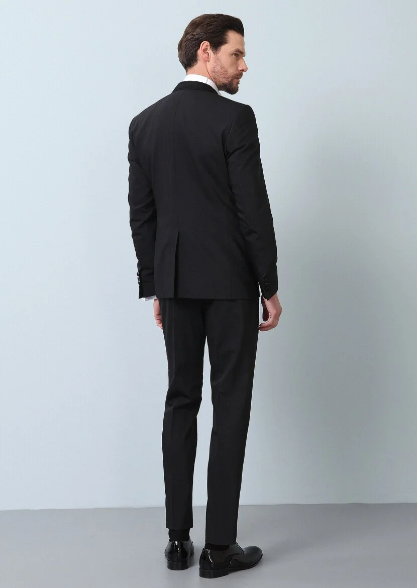 Siyah Düz Fashion Slim Fit Kruvaze Yaka Dokuma Smokin Takım Elbise - 6