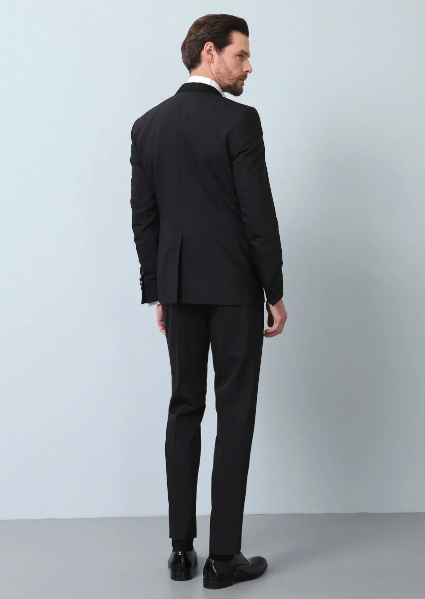 Siyah Düz Fashion Slim Fit Kruvaze Yaka Dokuma Smokin Takım Elbise - 6