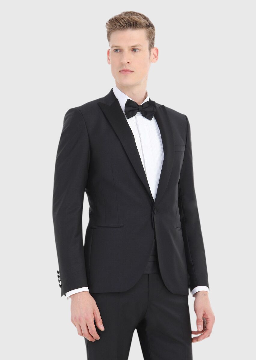 Siyah Düz Fashion Slim Fit Kruvaze Yaka Dokuma Smokin Takım Elbise - 2