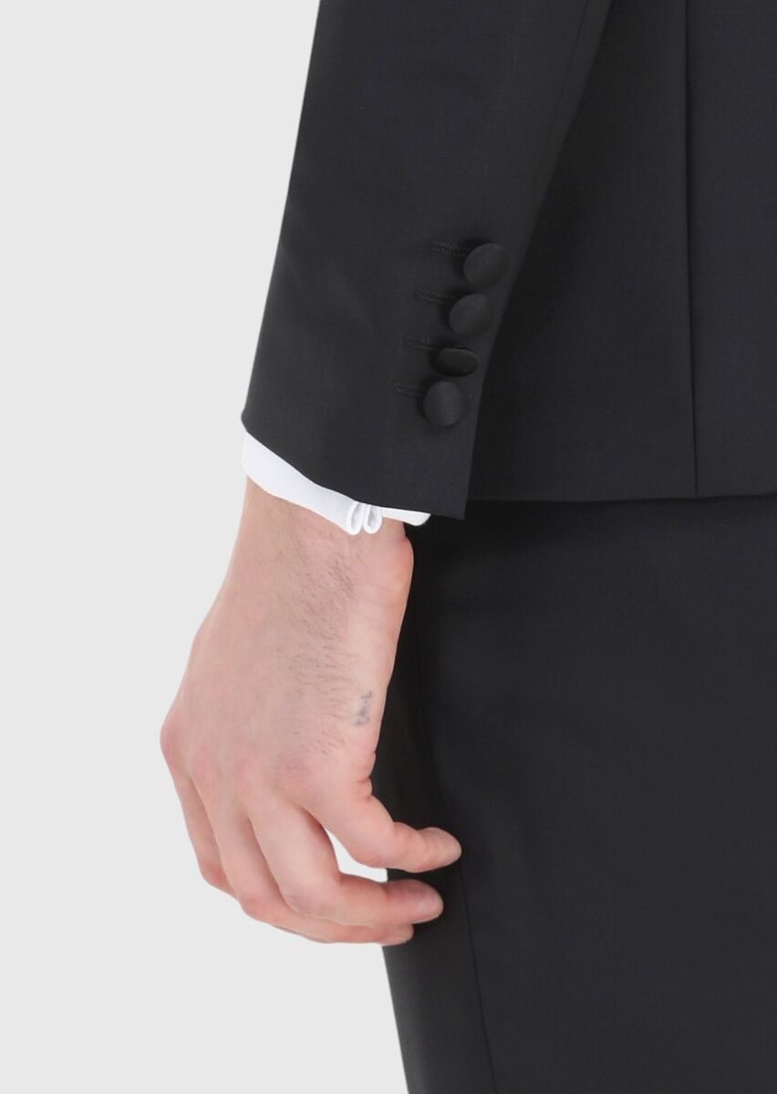 Siyah Düz Fashion Slim Fit Kruvaze Yaka Dokuma Smokin Takım Elbise - 4