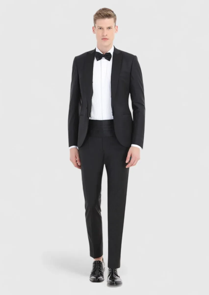 Siyah Düz Fashion Slim Fit Kruvaze Yaka Dokuma Smokin Takım Elbise - 1