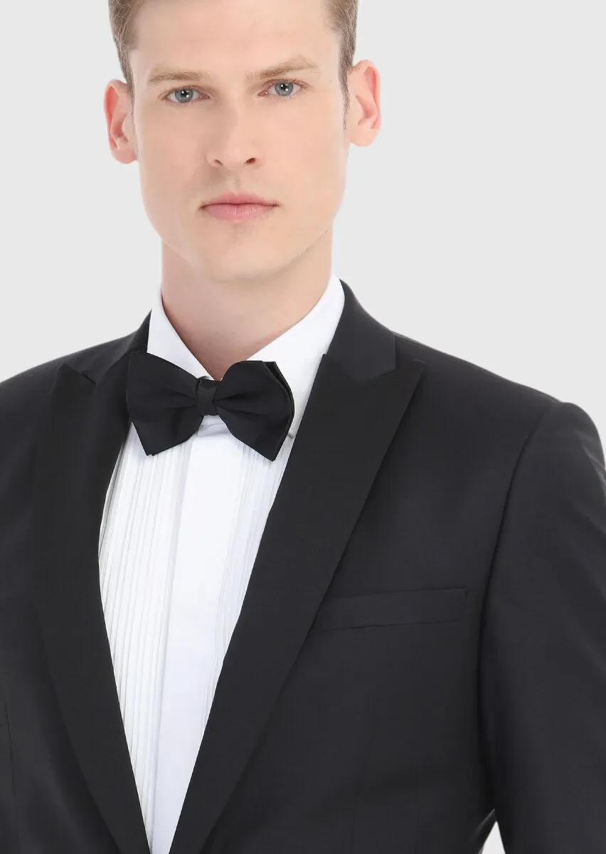 Siyah Düz Fashion Slim Fit Kruvaze Yaka Dokuma Smokin Takım Elbise - 3