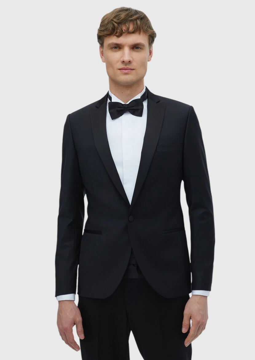 Siyah Düz Fashion Slim Fit Kruvaze Yaka Dokuma Smokin Takım Elbise - 1