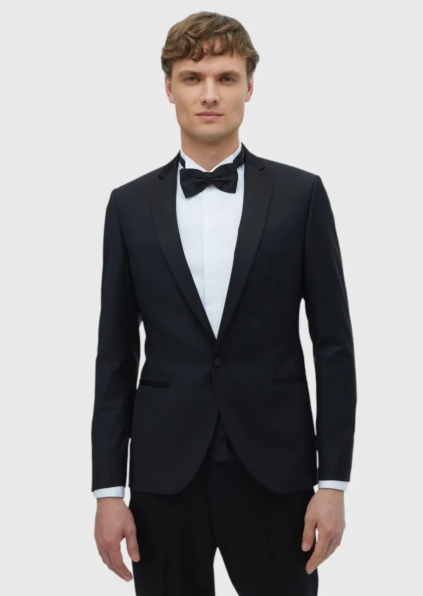 Siyah Düz Fashion Slim Fit Kruvaze Yaka Dokuma Smokin Takım Elbise - 1