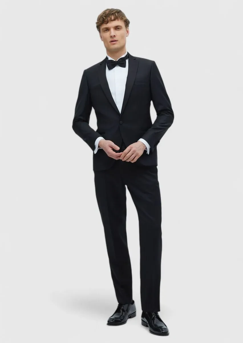 Siyah Düz Fashion Slim Fit Kruvaze Yaka Dokuma Smokin Takım Elbise - 2