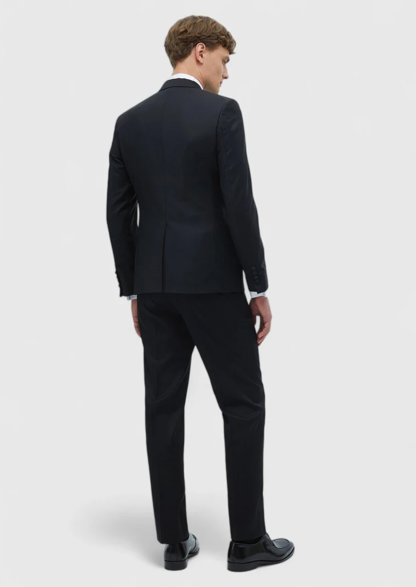 Siyah Düz Fashion Slim Fit Kruvaze Yaka Dokuma Smokin Takım Elbise - 7