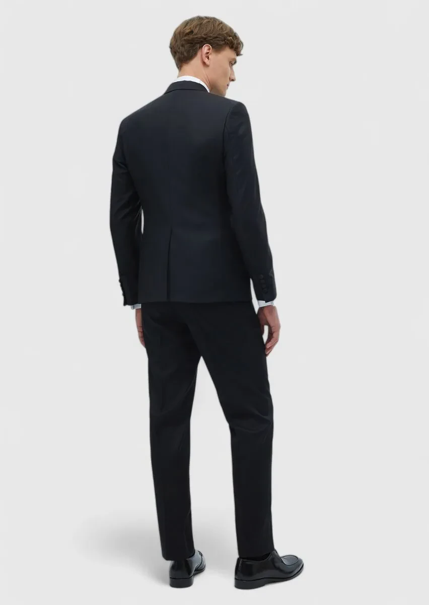 Siyah Düz Fashion Slim Fit Kruvaze Yaka Dokuma Smokin Takım Elbise - 7
