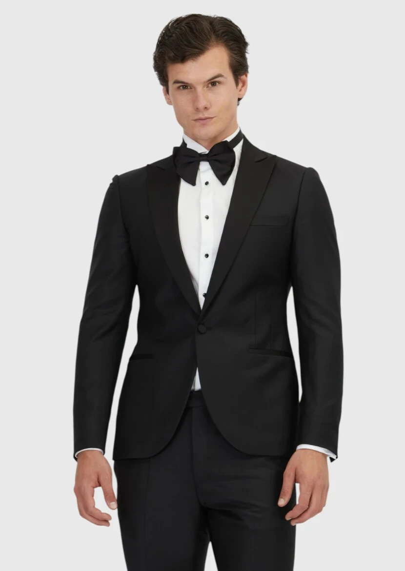 Siyah Düz Fashion Slim Fit Kruvaze Yaka Dokuma Smokin Takım Elbise - 1