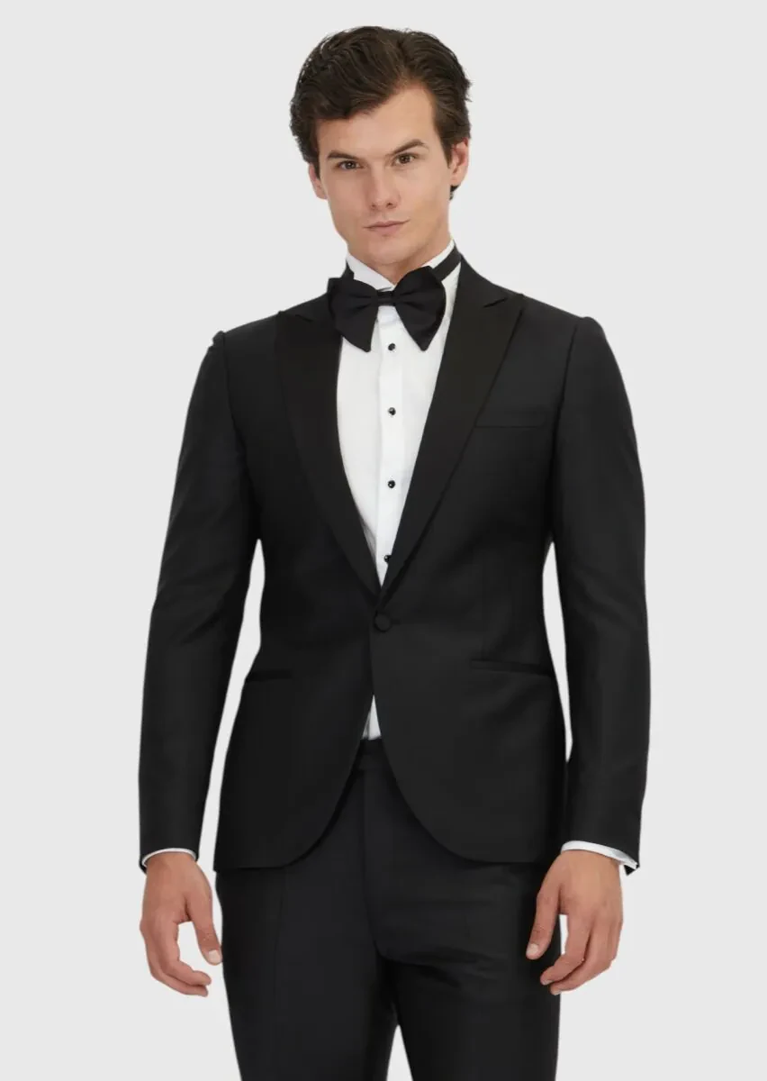 Siyah Düz Fashion Slim Fit Kruvaze Yaka Dokuma Smokin Takım Elbise - 1