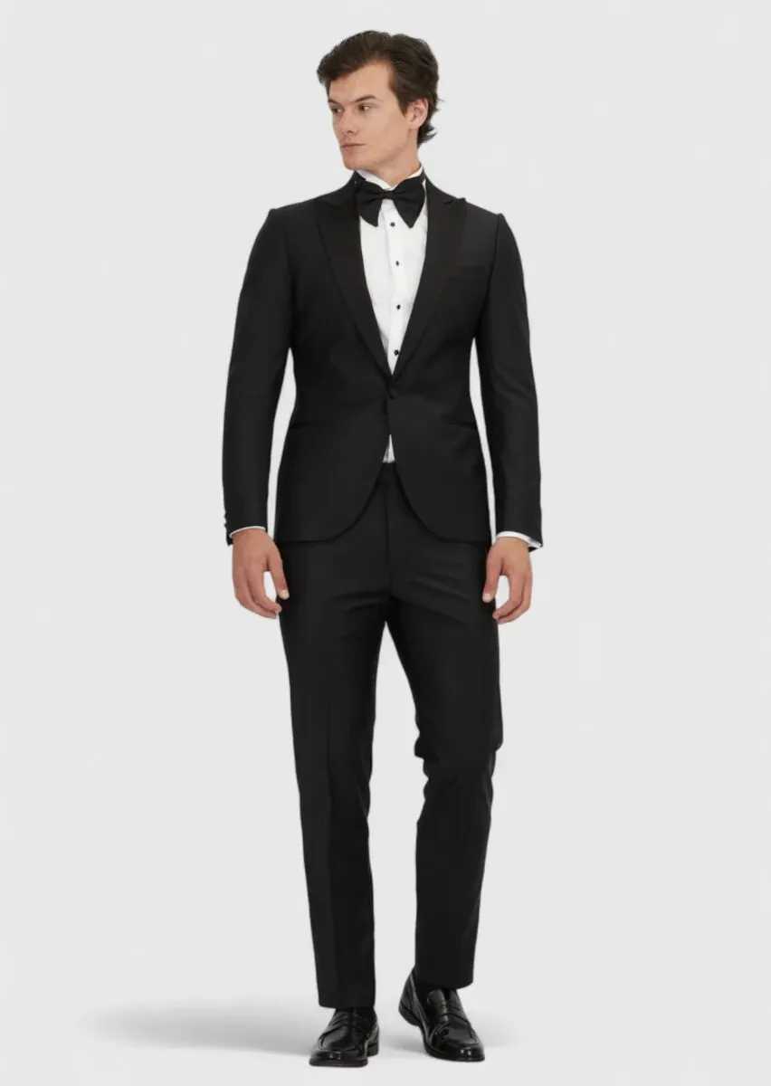 Siyah Düz Fashion Slim Fit Kruvaze Yaka Dokuma Smokin Takım Elbise - 2