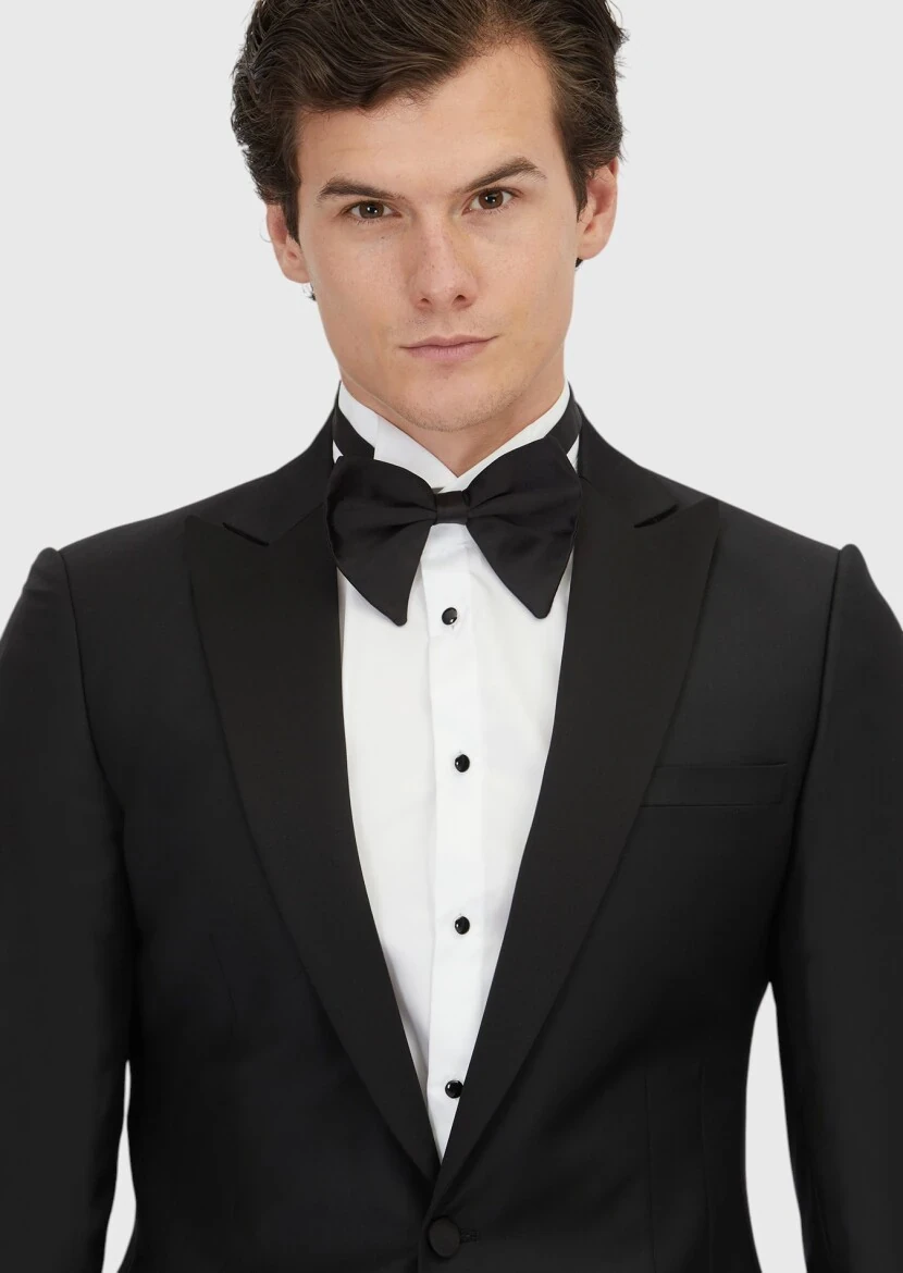 Siyah Düz Fashion Slim Fit Kruvaze Yaka Dokuma Smokin Takım Elbise - 3
