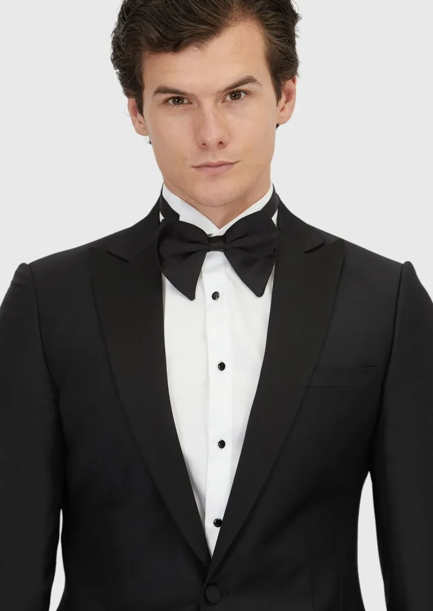 Siyah Düz Fashion Slim Fit Kruvaze Yaka Dokuma Smokin Takım Elbise - 3