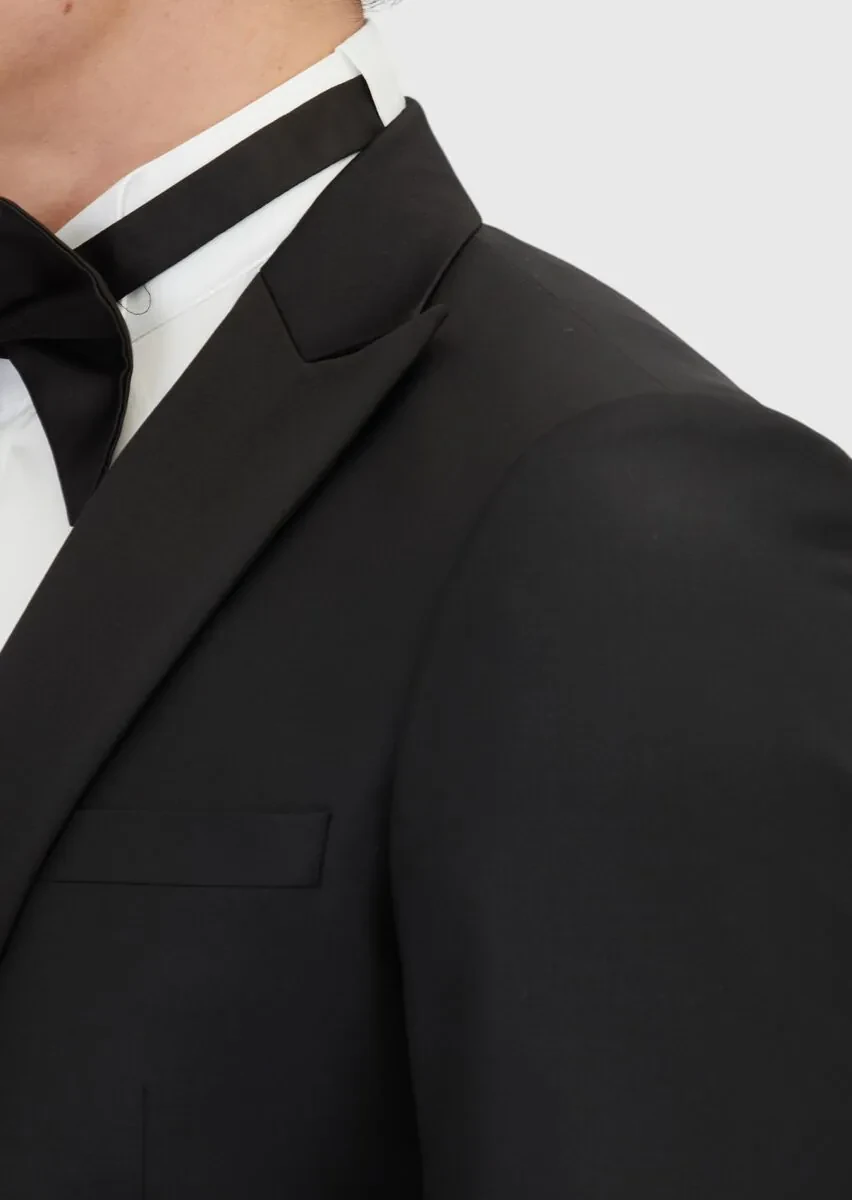 Siyah Düz Fashion Slim Fit Kruvaze Yaka Dokuma Smokin Takım Elbise - 4