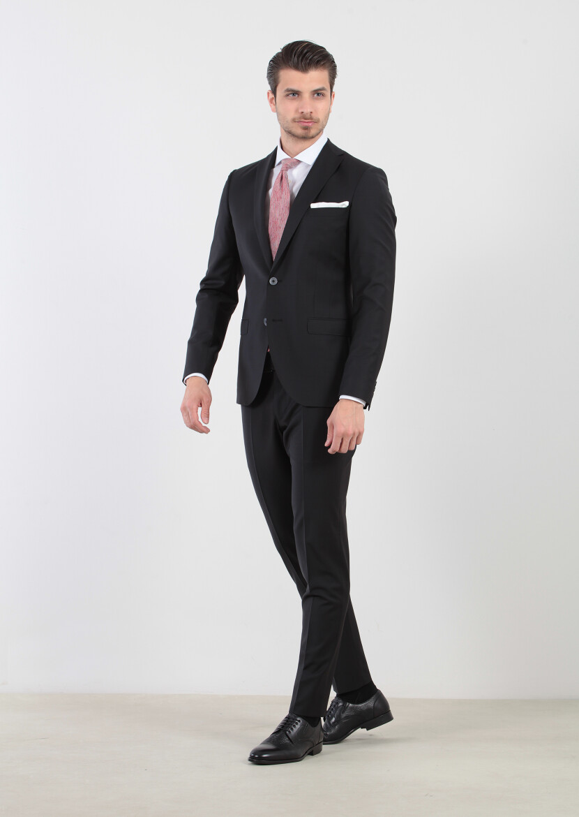 Siyah Düz Fashion Slim Fit Yün Karışımlı Takım Elbise - 1