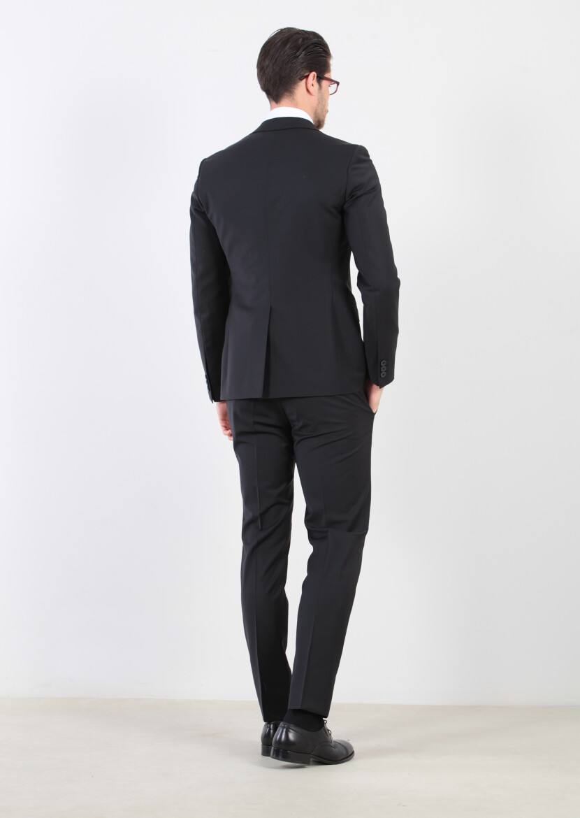 Siyah Düz Fashion Slim Fit Yün Karışımlı Takım Elbise - 6