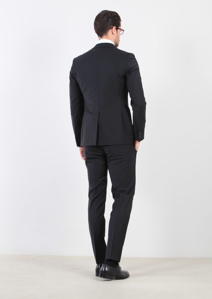 Siyah Düz Fashion Slim Fit Yün Karışımlı Takım Elbise - 6