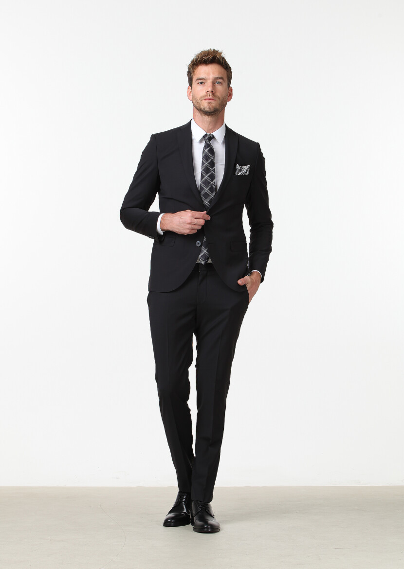 Siyah Düz Fashion Slim Fit Yün Karışımlı Takım Elbise - 3