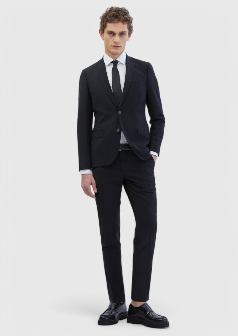 Siyah Düz Fashion Slim Fit Yün Karışımlı Takım Elbise - RAMSEY