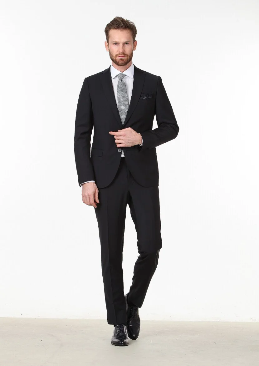 Siyah Düz Fashion Slim Fit Yün Karışımlı Takım Elbise - 1
