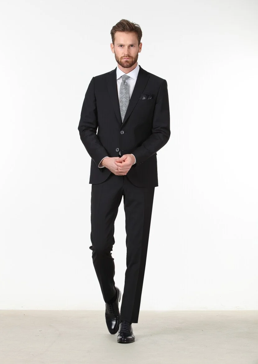 Siyah Düz Fashion Slim Fit Yün Karışımlı Takım Elbise - 2