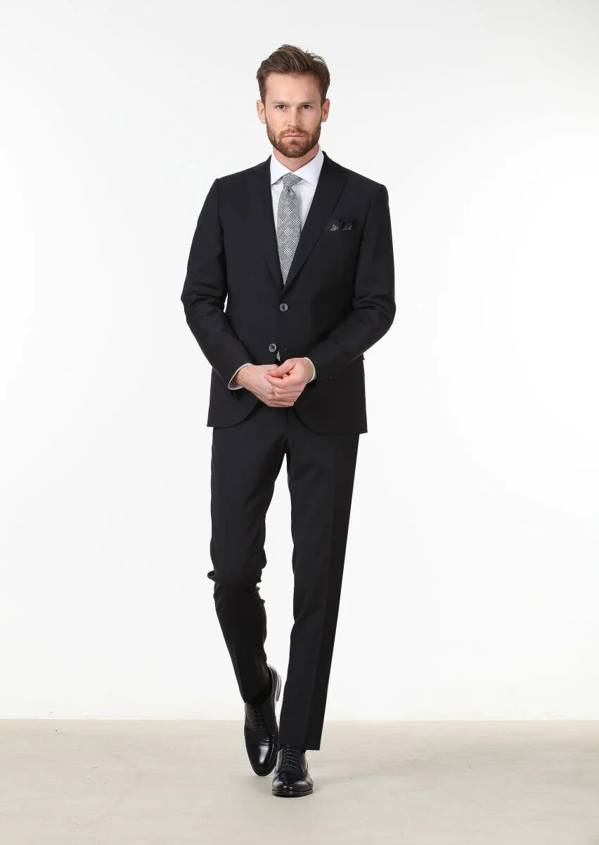 Siyah Düz Fashion Slim Fit Yün Karışımlı Takım Elbise - 2