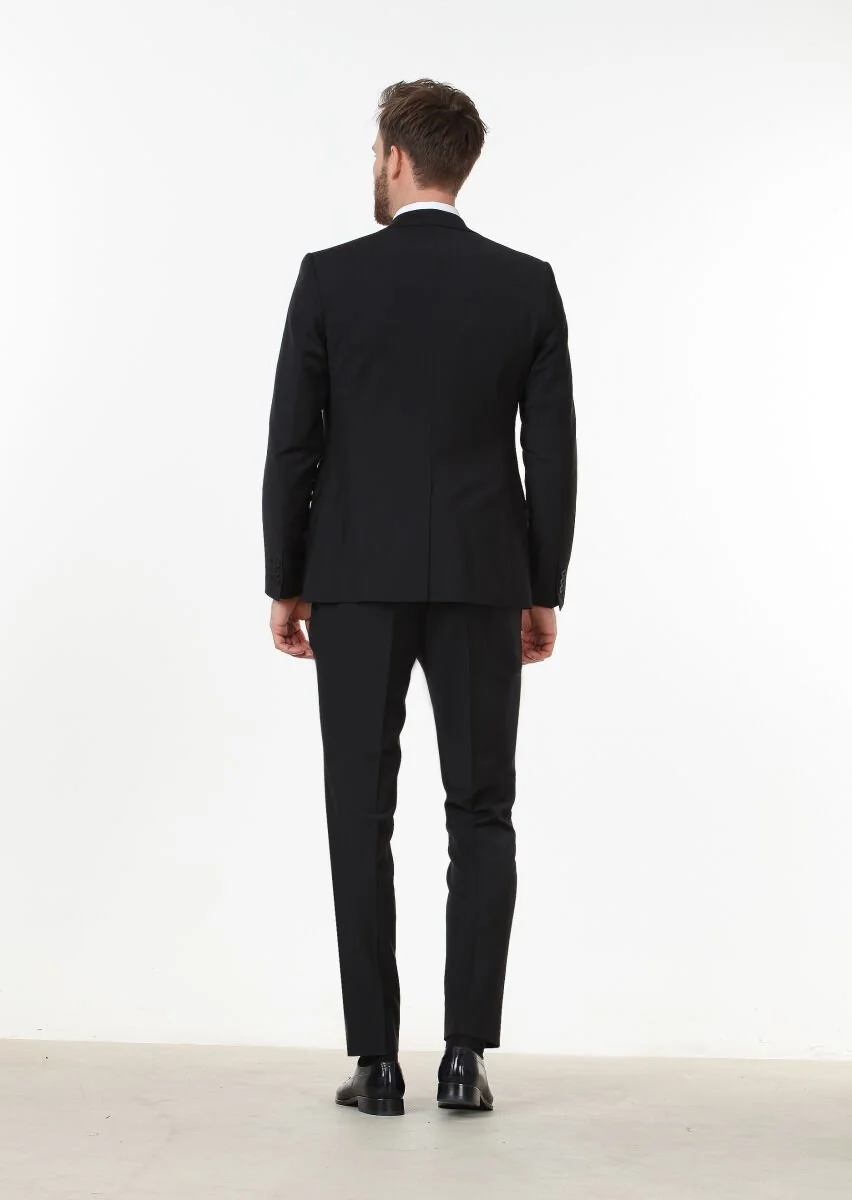 Siyah Düz Fashion Slim Fit Yün Karışımlı Takım Elbise - 4