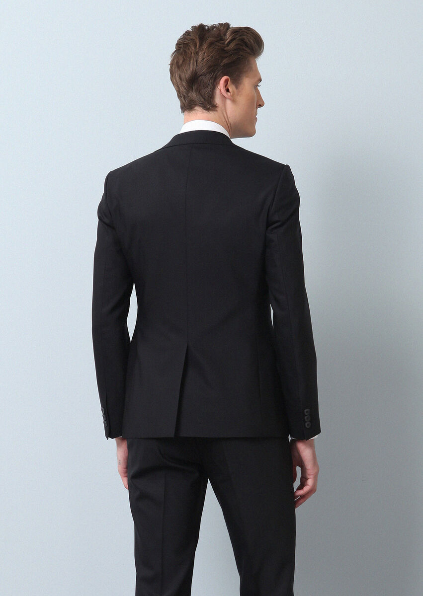 Siyah Düz Fashion Slim Fit Yün Karışımlı Takım Elbise - 5