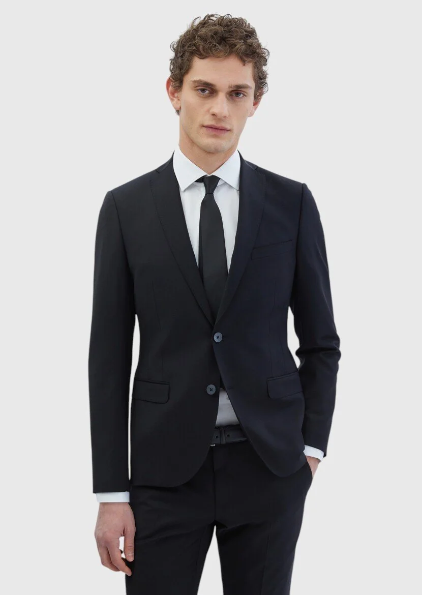 Siyah Düz Fashion Slim Fit Yün Karışımlı Takım Elbise - 1
